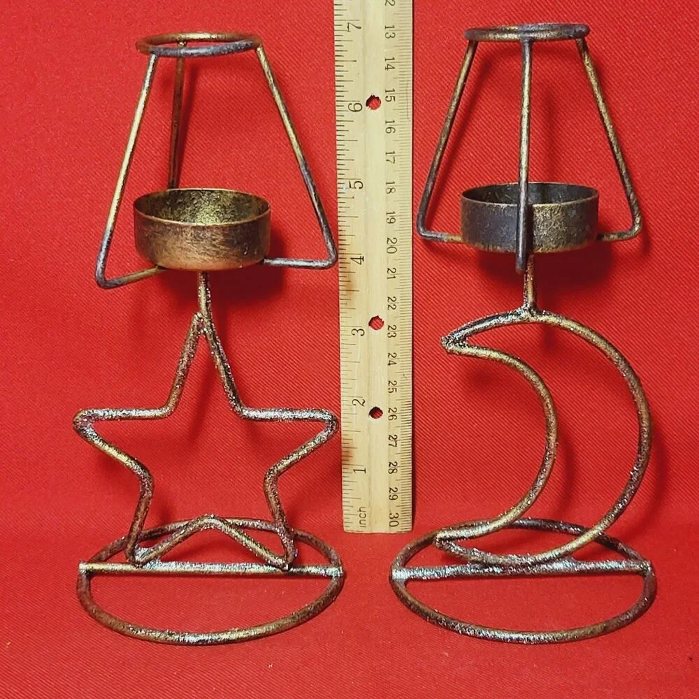 Metal Star Moon Tea Light Candle Holder Set of 2